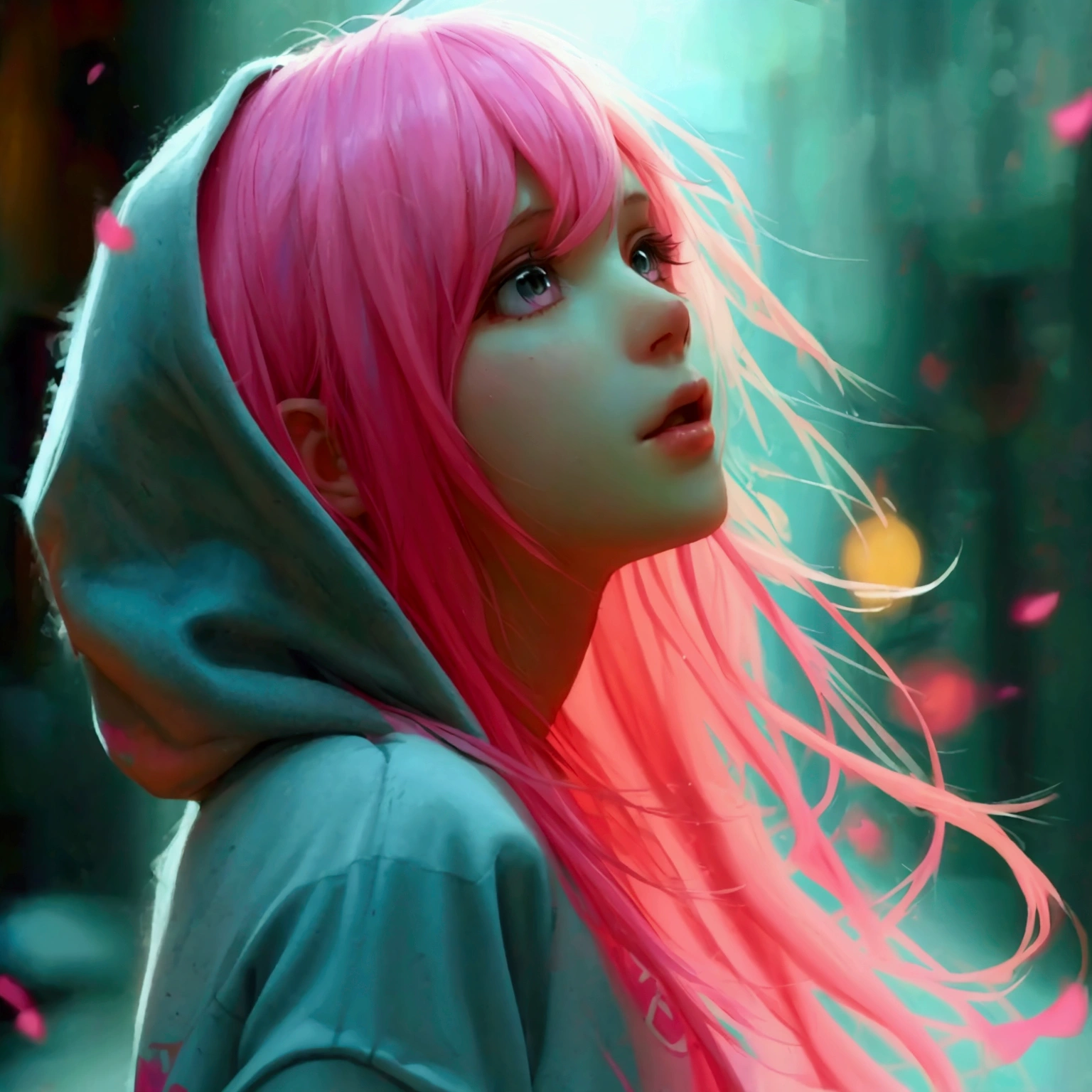 cute girl, pink hair long, hoodie, shirt, shorts