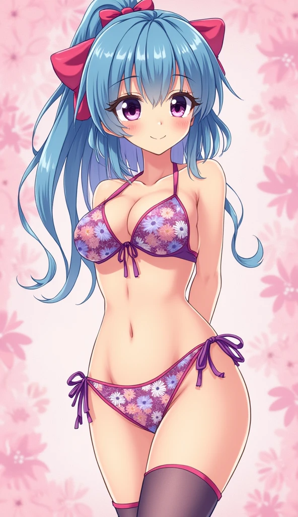 (ganyu), genshin impact, (cute overload), ((colored pencil sketch)), big tits, thick thighs, thigh highs, purple eyes, blue hair, hand drawn, cleavage, arms behind back, retro anime, floral bikini top, finely detailed, pink floral background, ulzzang, playful), full color, arms behind back, floral panties, extra long legs, tall, slender