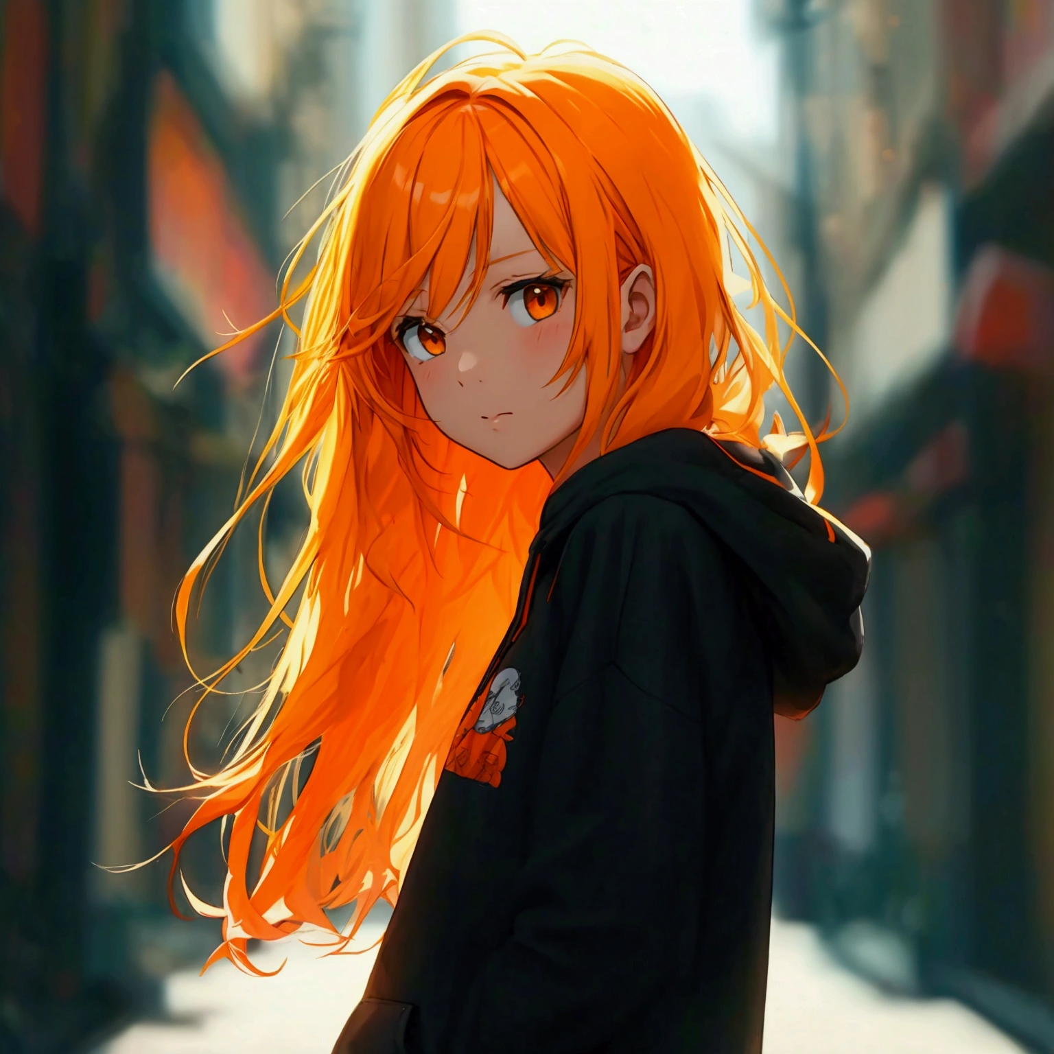 cute girl, orange hair long, hoodie, shirt, shorts