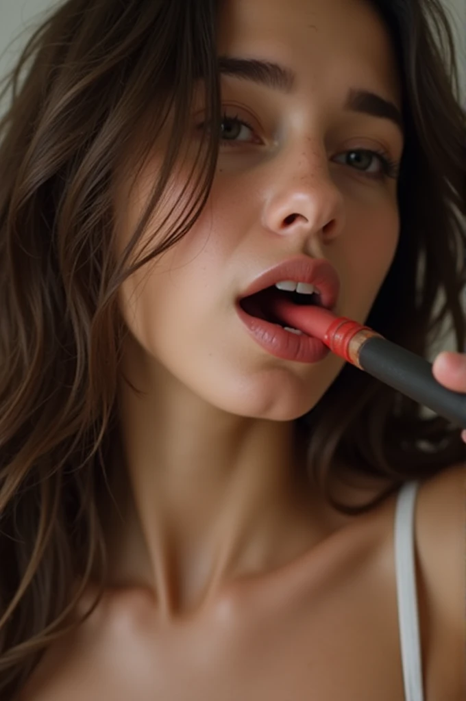 caricature portrait of vivid colors Gal Gadot putting on lipstick in a dim and messy sloppy teenager's bathroom