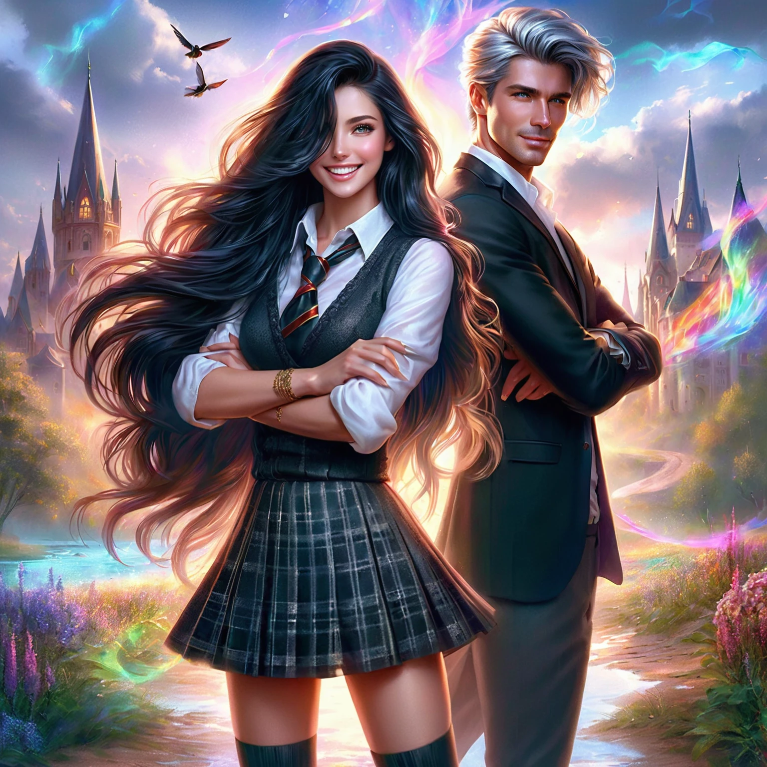 masterpiece Hyperrealistic photorealistic PASSIONATE illustration for a emotional book cover.full-length BLACKHAIR-haired beautiful 20-year SMILING SMILINGLY AND BOLDLY woman in school\'s dress (skirt and blouse) standing guilty in front of handsome 30years whitelonghairs young muscular attractive sexual rector in black suit. rector folded his arms on his body and is angry, fantastic perspective ULTRADETAILED natural landscape and MAgic Academy IN THE BACKGROUND. colorful magic in air. ultrahigh detail. Colorful complementary colors scene,lots of details. silk\'s ultraglossing Victorian era dress. ultra dynamic unusual angle. ultra dynamic unusual angle. FOR THE COVER dynamic scene, lOOK AT ME! Magical fantasy world, illustration for book cover, bright additional colors, magic, ultra-highdetail,perfect natural proportions.model faces. perfect anatomy, detailed hand and fingers. ultraglossing gold, ultraglossing clothes\'s textile. magic, ultra-highdetail,perfect natural proportions.model faces. perfect anatomy, detailed hand and fingers. ultraglossing gold, ultraglossing clothes\'s textile. european faces.