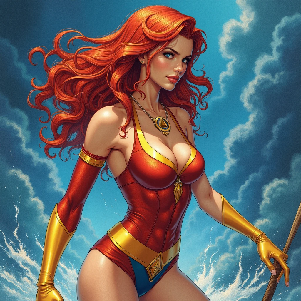 ((Jennifer Garner as Electra)), ((very defined muscular body)), ((red hair)), ((thong)), ((rear view)), ((butt to the camera)), ((angelic warrior princess)), ((holding weapon and shield)), ((lightning)), ((wearing crown)), ((camel toe)), ((cameltoe)), masterpiece, best quality, ((realistic)), ((1 person)), 8K picture quality, extremely delicate and beautiful, magnifica, Official art with attention to detail, Ridiculous, unbelievable Ridiculous, huge filesize, ultra-detailliert, highly detailed, (Pretty girl), (Detailed girl),, ((Perfect female figure)), Slim waist, Cover your chest with your hands, ((tattoos all over body)), With a powerful presence, Her body decorated with a unique blend of abstract and realistic designs, Digital Art, Altgerm, hyper details, Top Fade, Cowboy Shot, Dark Fantasy,