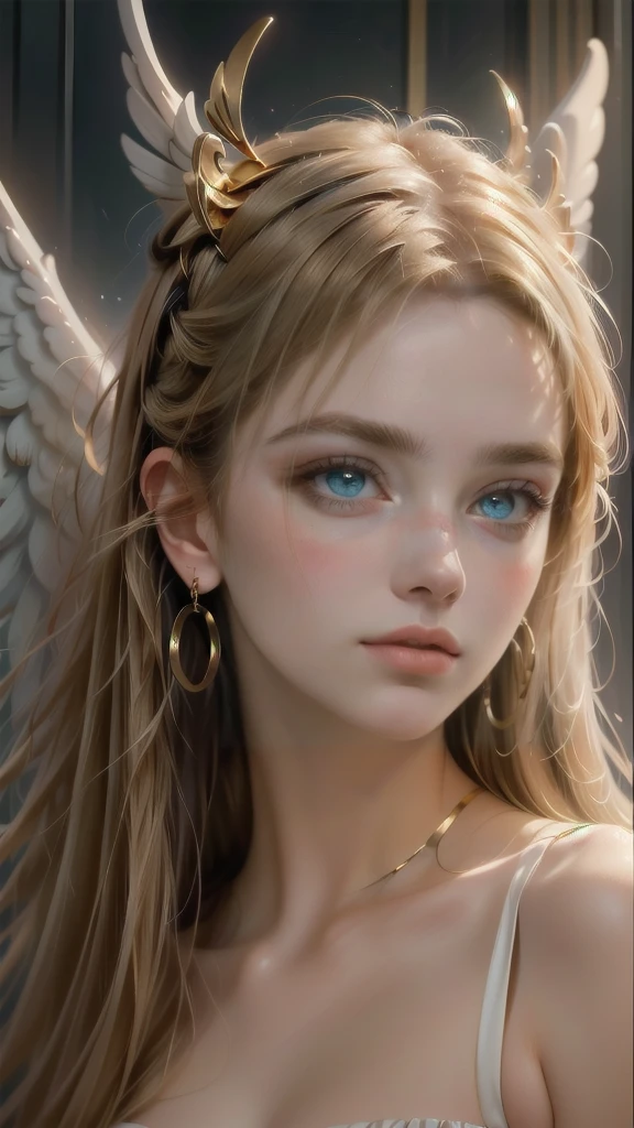 blonde haired girl with angel wings and gold hoop earrings, portrait of a beautiful angel, of an beautiful angel girl, beautiful angel girl portrait, gorgeous digital painting, beautiful angel, angelic face, artwork in the style of guweiz, soft portrait shot 8 k, of beautiful angel, beautiful digital painting, in style of wlop, in the art style of bowater, PERSEPHONE