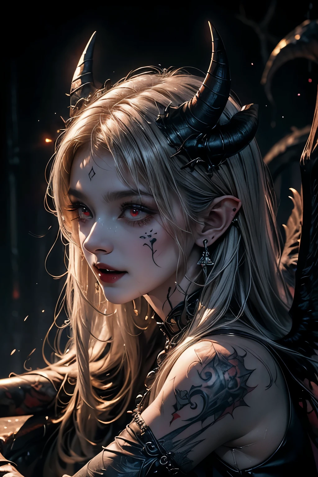 Masterpiece, Best Quality, High Quality,(Dark shapeless creature with dark red glow and red eyes and surrounded by darkness:1.2), (darkeness:1.2), Abstraction, Deep sea, Award-winning photography, Depth of field, HDR, Very detailed, Trend in art stations, trend in CGSociety, Complex, High detail,(Masterpiece:1.2, Best Quality), (best illumination, Very Delicate and Beautiful), (best illumination, very delicate and beautiful), (beautiful face detailed), (detailed eyes and detailed face:1.2), dark fantasy, (girl, little beast, 1girl, solo, Lying on the floor, pool of blood, crazy smile, pale skin gray hair, glowing red eyes, dynamic angle, vampire), get demons to be summoned, Magic thunder, pointy_ears, fangs, demon wings, demon horns, blood on face, blood rain, blood mist, (depth of field), high contrast, (blood splatter: 1.4), full body, , scream, sacrifice, Magnificent stage,