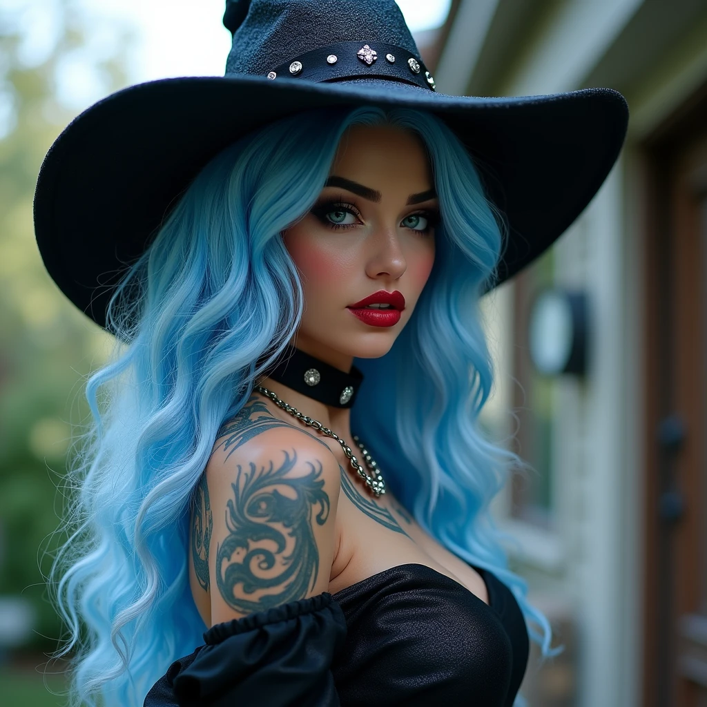 Create a hyper detailed photograph of a nightmare before Christmas tattooed young sexy shock, Stunningly perfect gorgeous face, perfect makeup, detailed vibrant eyes, long hair, beautiful perfect, perfect beautiful perfect arms, realistic torso, detailed silky smooth skin, big breast, perfect round ass, nightmare before Christmas sexy seductive lace thong, back to camera looking forward,