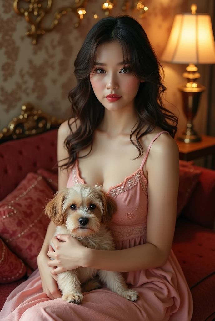Pet dogs mating on the body of transparent nightdress beauty
