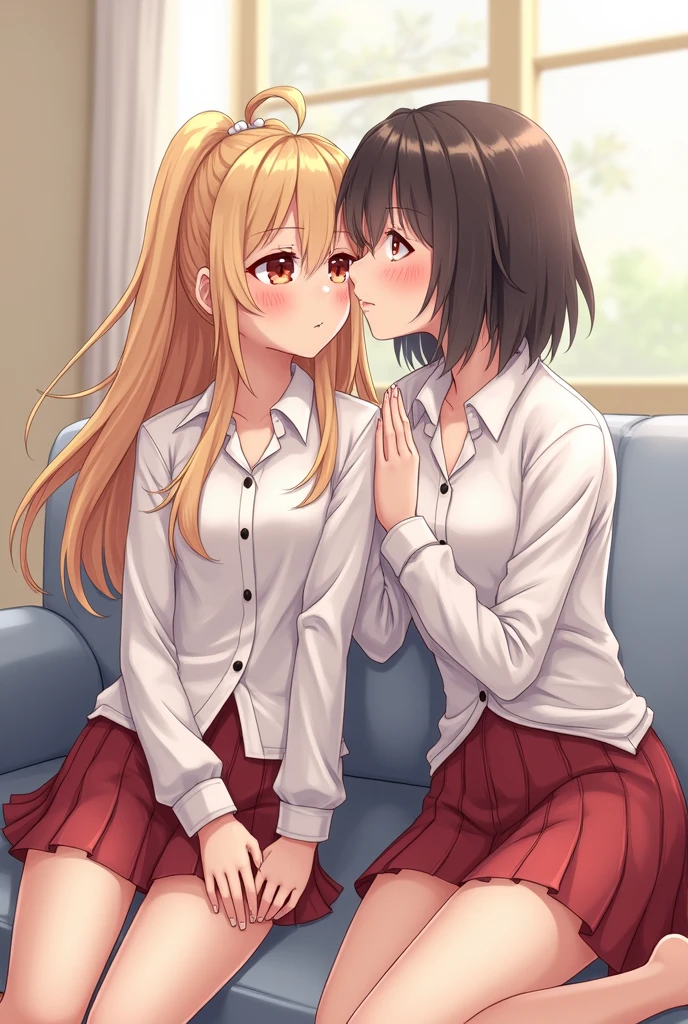 Two drunk high school girls with their clothes exposed、kissing