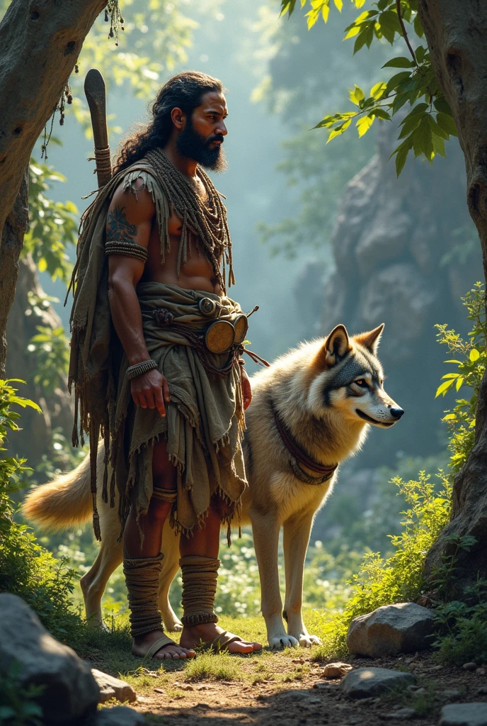 Sioux Indian with his pet, a large gray wolf on top of a meadow