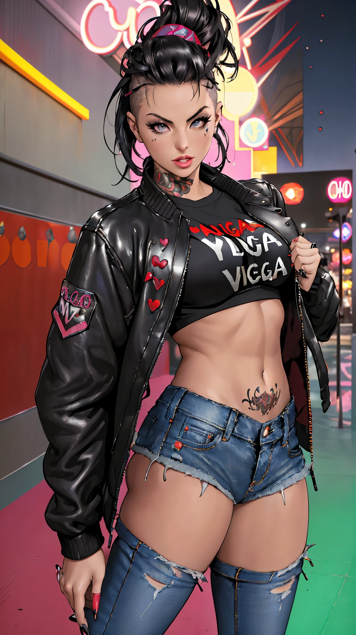 obra de arte,melhor qualidade,obra de arte,melhor qualidade,arte oficial,papel de parede extremamente detalhado da unidade CG 8k 1girls, arm tattoo, belly tattoo, big ass, bracelet, bracelets, breast tattoo, brown eyes, bubble ass, bubble butt, curvy, cyberpunk, earrings, electronics, female, female only, lips, looking at viewer, medium breasts, multicolored hair, nail polish, navel, neck tattoo, nude, nude female, ring, rings, shaved side, shoulder tattoo, solo, tattoo, tattoo on belly, tattooed arm, thick thighs, thigh tattoo, thighs, wide hips