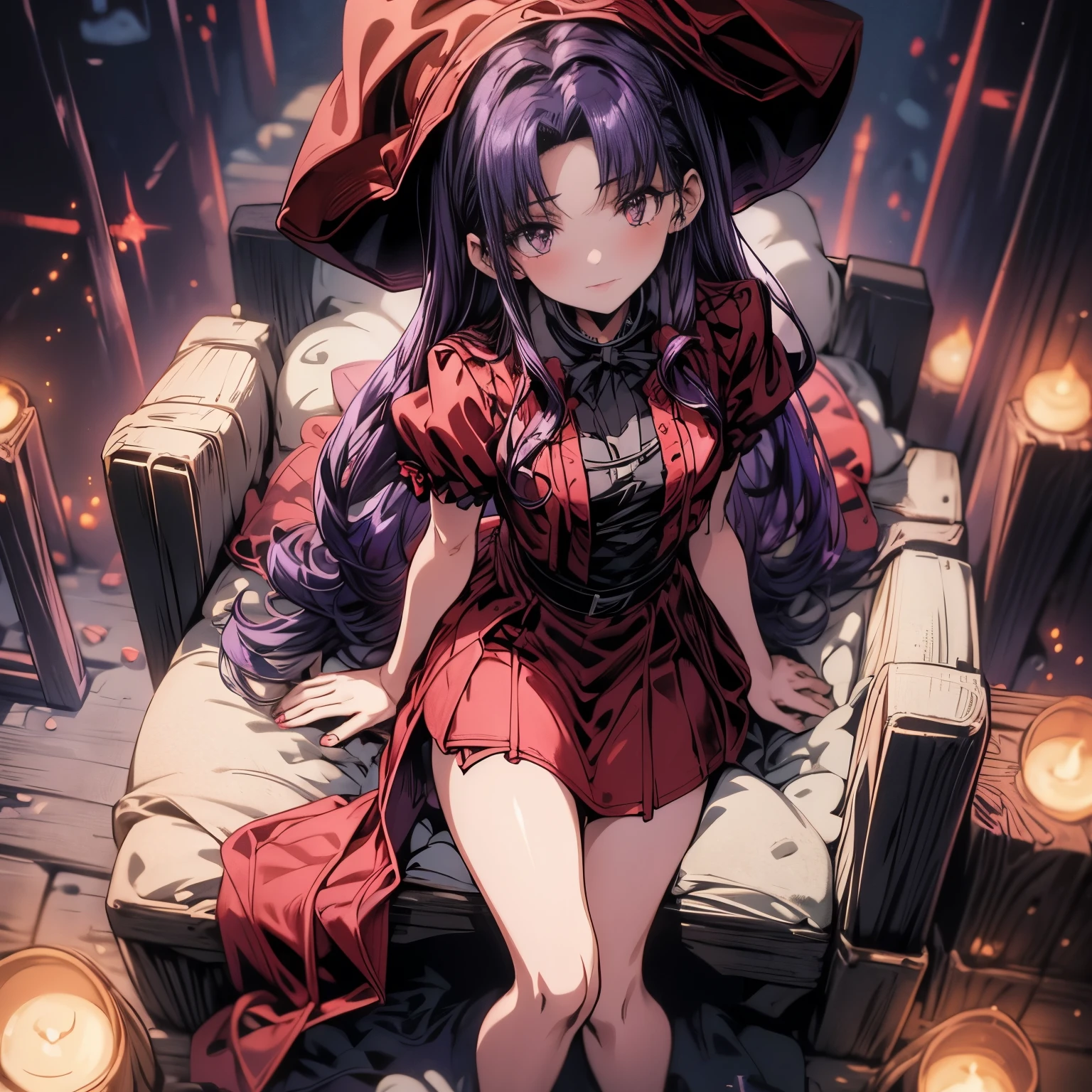 4k, HDR, full HD, masterpiece, 1girl, (purple hair:1.2), perfect anatomy, full body, sexy little red riding hood costume,