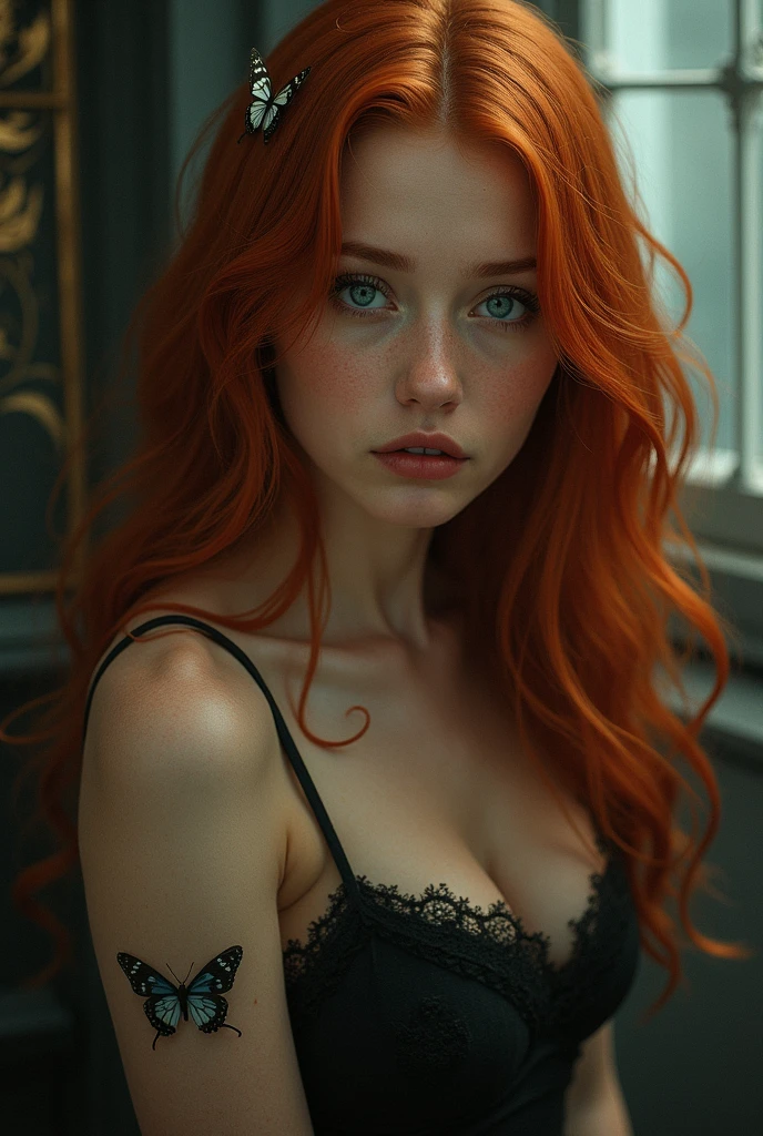 (solo, full body photo:1.3), (action packed:1.3), (haze, fog, mist:1.3), chiaroscuro, best quality, photorealistic, 1woman, (cute), (24yo:1.2), redhead, long ginger hair highly detailed, 1700'S, digital photography, art by artgerm and ruan jia and greg rutkowski surreal painting gold butterfly filigree, broken glass, (masterpiece, sidelighting, finely detailed Fashionable eyes: 1.2) (perfect oval large eyes that gazes at the viewer), beautiful detailed face, blue gorgeous perfect eyes, (blonde hair ponytail), (attractive young woman:1.3), (thick amazing hair), (seductive:1.1), (blushing:1.1)