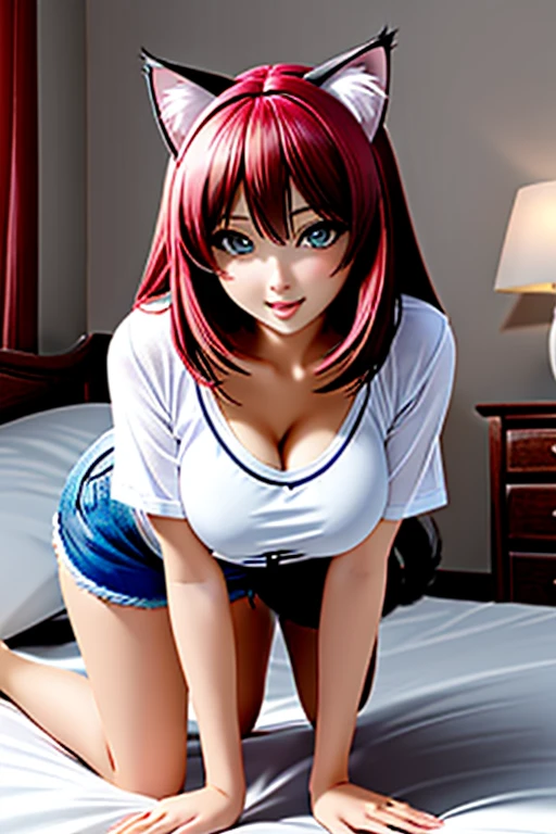 a beautiful and sensual woman on all fours in bed, head resting on the bed, raised hip , She has cat ears, wearing light clothes, a comfortable t-shirt and loose shorts, big breasts, a cat&#39;s tail comes out of his tailbone, by the brunette, stunning