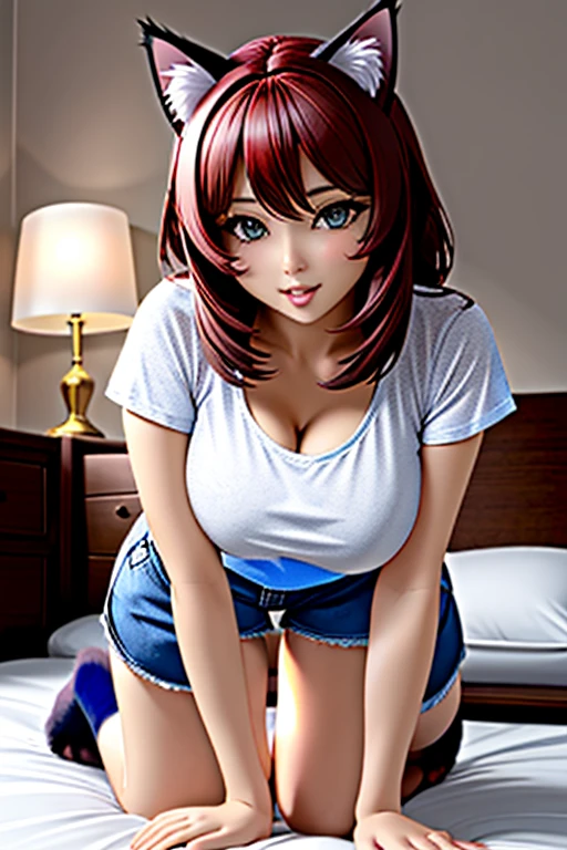 a beautiful and sensual woman on all fours in bed, head resting on the bed, raised hip , She has cat ears, wearing light clothes, a comfortable t-shirt and loose shorts, big breasts, a cat&#39;s tail comes out of his tailbone, by the brunette, stunning