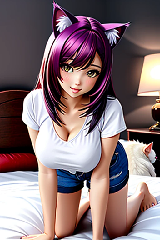 a beautiful and sensual woman on all fours in bed, head resting on the bed, raised hip , She has cat ears, wearing light clothes, a comfortable t-shirt and loose shorts, big breasts, a cat&#39;s tail comes out of his tailbone, by the brunette, stunning