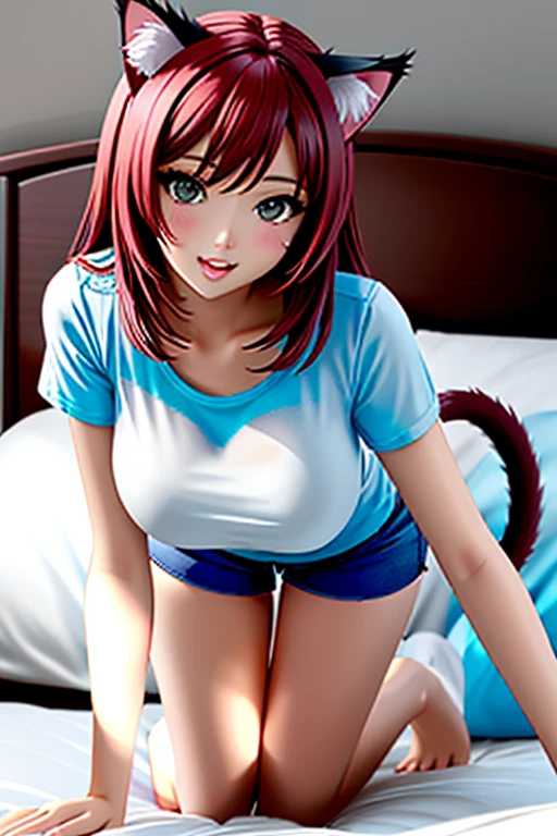 a beautiful and sensual woman on all fours in bed, head resting on the bed, raised hip , She has cat ears, wearing light clothes, a comfortable t-shirt and loose shorts, big breasts, a cat&#39;s tail comes out of his tailbone, by the brunette, stunning