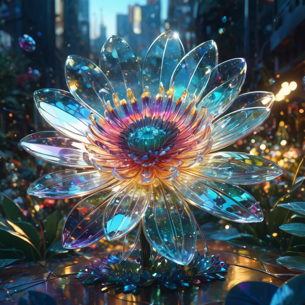  fibonacci glasslike transparent flower, surrounded by luminous crystal sparkles, hyperdetailed and highly intricate digital illustration by ismail inceoglu, james jean, anton fadeev and yoshitaka amano, trending on artstation, vibrant colours, volumetric lighting, depth of field, unreal engine 5, backlit, 8k resolution 