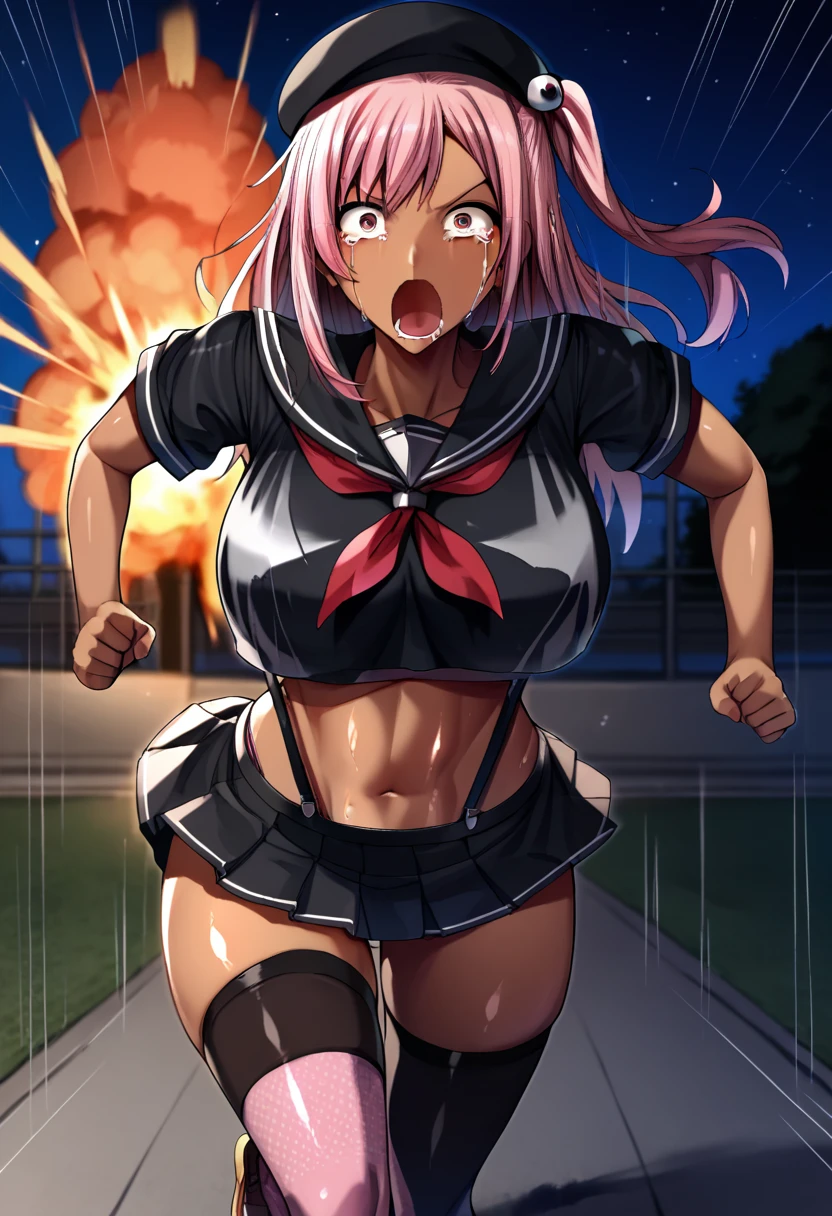 bigshine, Score_9, score_8_up, score_7_up, source_anime, solo, 1girl, mature female, honoka_\(DOA\), dark skin, dark-skinned female, makeup, eyeshadow, Gyaru, tanned skin, shiny skin, metallic tan, (running, speed lines,dynamic:1.2), screaming, open mouth, crying with eyes open, black headwear, hat, sailor collar, serafuku, red neckerchief, black shirt, crop top, short sleeves, navel, midriff, suspenders, pleated skirt, black skirt, striped panties, thighhighs, black gloves, night, explosion, cowboy shot,detailed background,