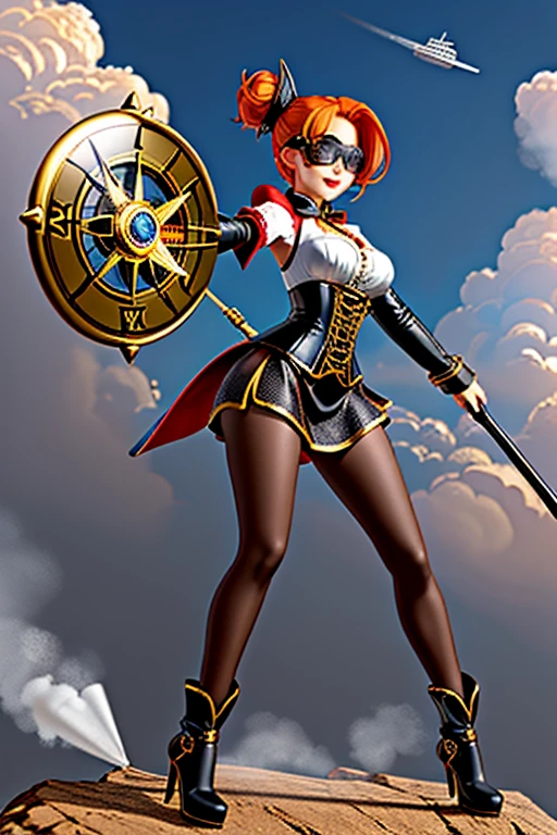 "4K quality, digital drawing mode, steampunk adventurer-themed female character, long orange hair tied back in a messy bun, wearing brass goggles on her forehead, glowing amber eyes, clad in a brown leather corset with intricate gear and clockwork designs, holding a compass in one hand and a steam-powered staff in the other, standing on a metallic airship with billowing steam in the background, radiant skin, adventurous and cunning expression, full body, dynamic pose as she charts a new course through the skies, life size, perfect anatomy, detailed skin texture, full HD, 4K, HDR, perfect anatomy, depth of field."