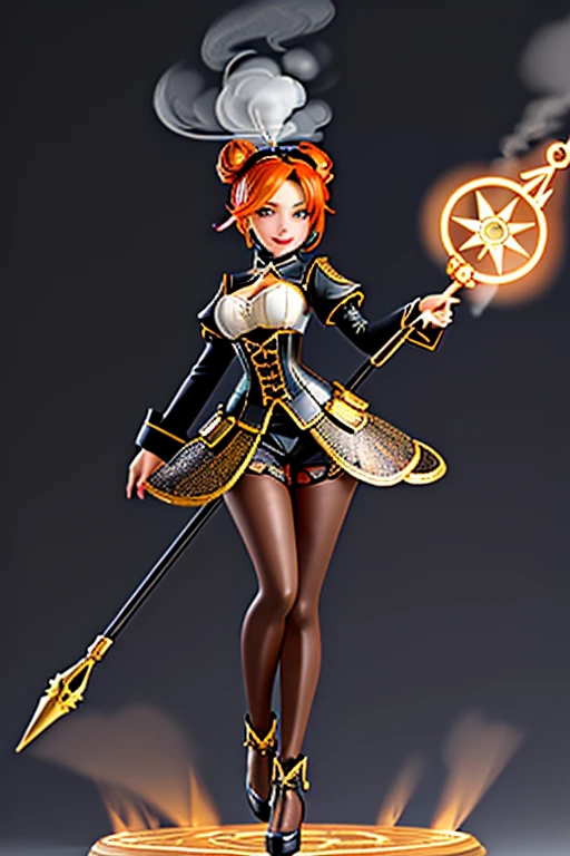 "4K quality, digital drawing mode, steampunk adventurer-themed female character, long orange hair tied back in a messy bun, wearing brass goggles on her forehead, glowing amber eyes, clad in a brown leather corset with intricate gear and clockwork designs, holding a compass in one hand and a steam-powered staff in the other, standing on a metallic airship with billowing steam in the background, radiant skin, adventurous and cunning expression, full body, dynamic pose as she charts a new course through the skies, life size, perfect anatomy, detailed skin texture, full HD, 4K, HDR, perfect anatomy, depth of field."