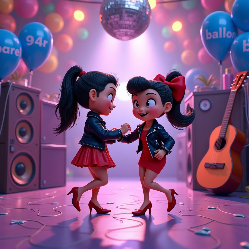 Create an image of two girls dancing on a stage. Maria has fair skin and red hair, and Yasmin has dark skin and a bright smile. They are dancing samba, with Maria trying to imitate Yasmin's steps.