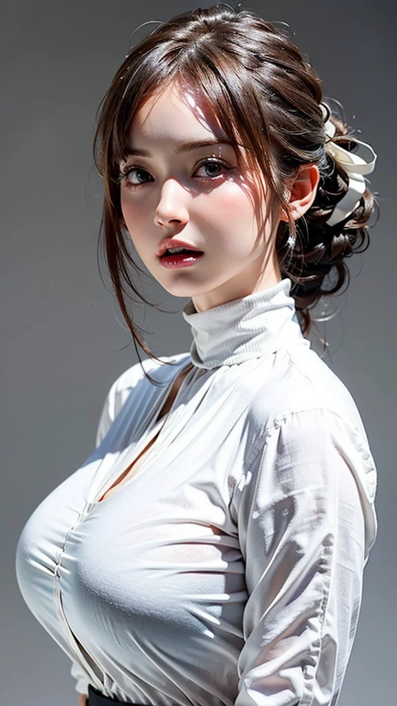 , beautiful, thin, cute, 30th Generation,(( beautiful Face:1.2)),((realistic:1.2)), ((Huge Breasts)),beautiful Skin, actress, Mature, Upper body light brown hair, thin髪, live-action, masterpiece of the highest quality, Highly detailed CG Unity 8K wallpapers, Ultra high definition, Casual Fashion Lights, Summer Fashion, (Natural brown hair: 0.8), (Swollen eyes), Watch the audience, Rotate, Bleached Hair, Model pose, White background, Delicate skin types, Light curly hair, Hold your mouth with both hands, ((White high neck shirt:1.4)), Hair model photo