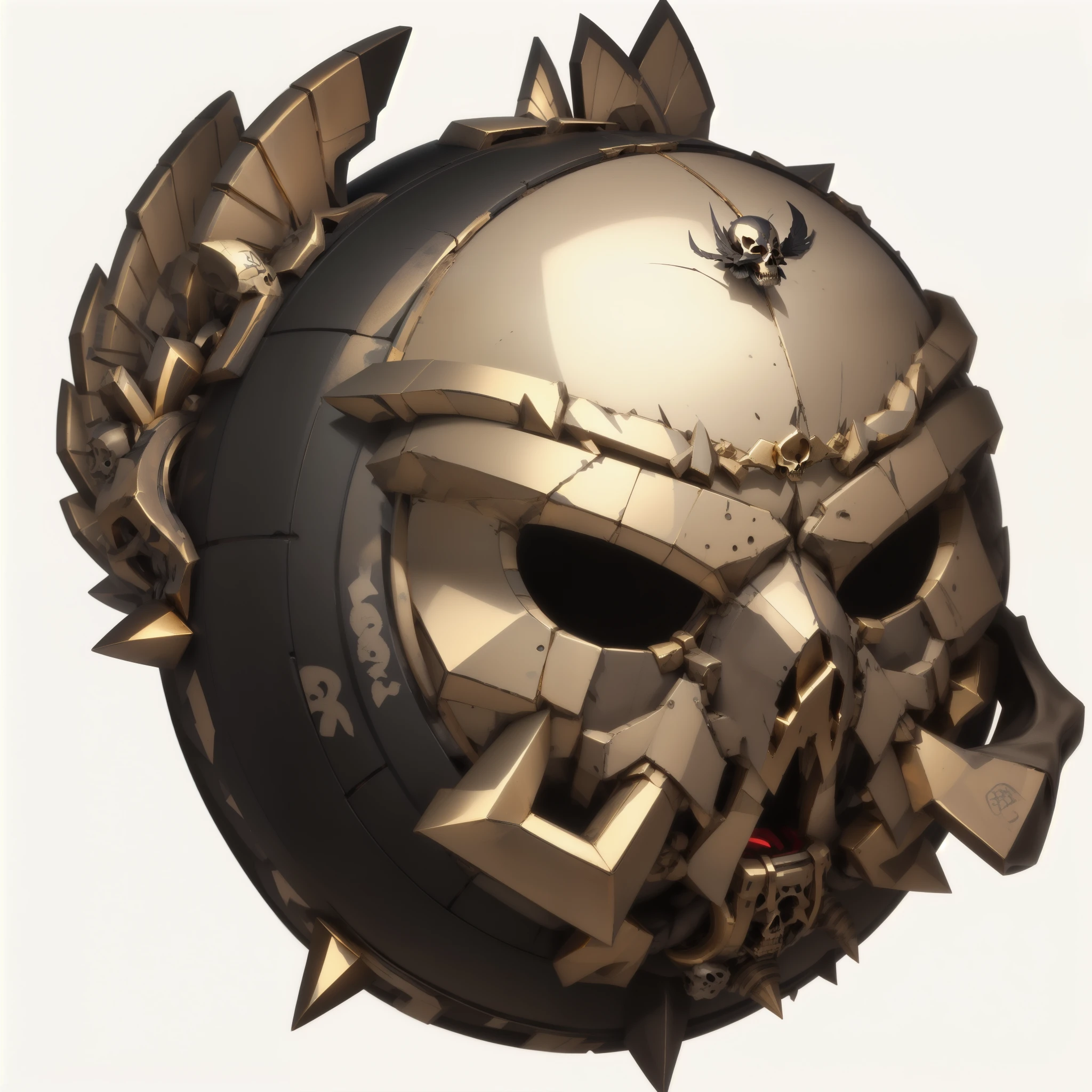 high quality，Black tire-shaped sphere，Gold spikes on the edges，There are golden wings on the back，Gold skull on the front，White background