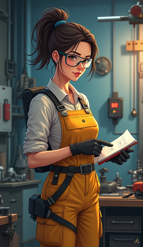 (masterpiece, best quality, ultra detailed, beautiful illustration), (oil painting:1.4), atmospheric perspective, (hi-tech atmosphere, elaborate atmosphere:1.4), depth of field, looking at viewer, beautiful detailed eyes, <lora:Stardew Valley - maru-10:0.7>, 1girl, (portrait, close-up:1.1), (huge breasts:1.2), warm smile, maru, dark skin, purple eyes, glasses, red hair, short hair, dark skin, purple eyes, glasses, red hair, short hair, overalls, t-shirt, pantyhose, dynamic pose, dynamic angle, standing (indoors:1.5, chemical laboratory:1.5, microscope:1.5),