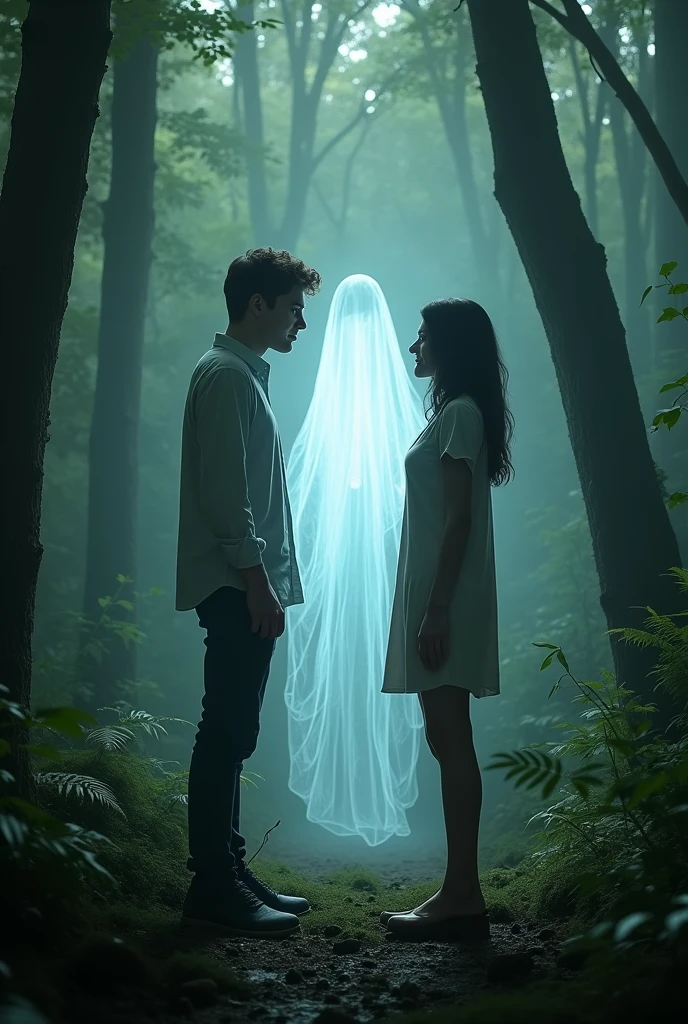 Couple talking to a ghost in the forest


