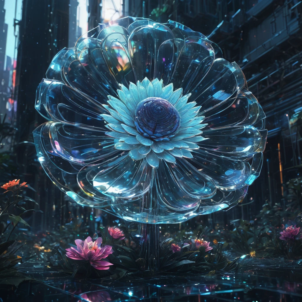  fibonacci glasslike transparent flower, surrounded by luminous crystal sparkles, hyperdetailed and highly intricate digital illustration by ismail inceoglu, james jean, anton fadeev and yoshitaka amano, trending on artstation, vibrant colours, volumetric lighting, depth of field, unreal engine 5, backlit, 8k resolution 