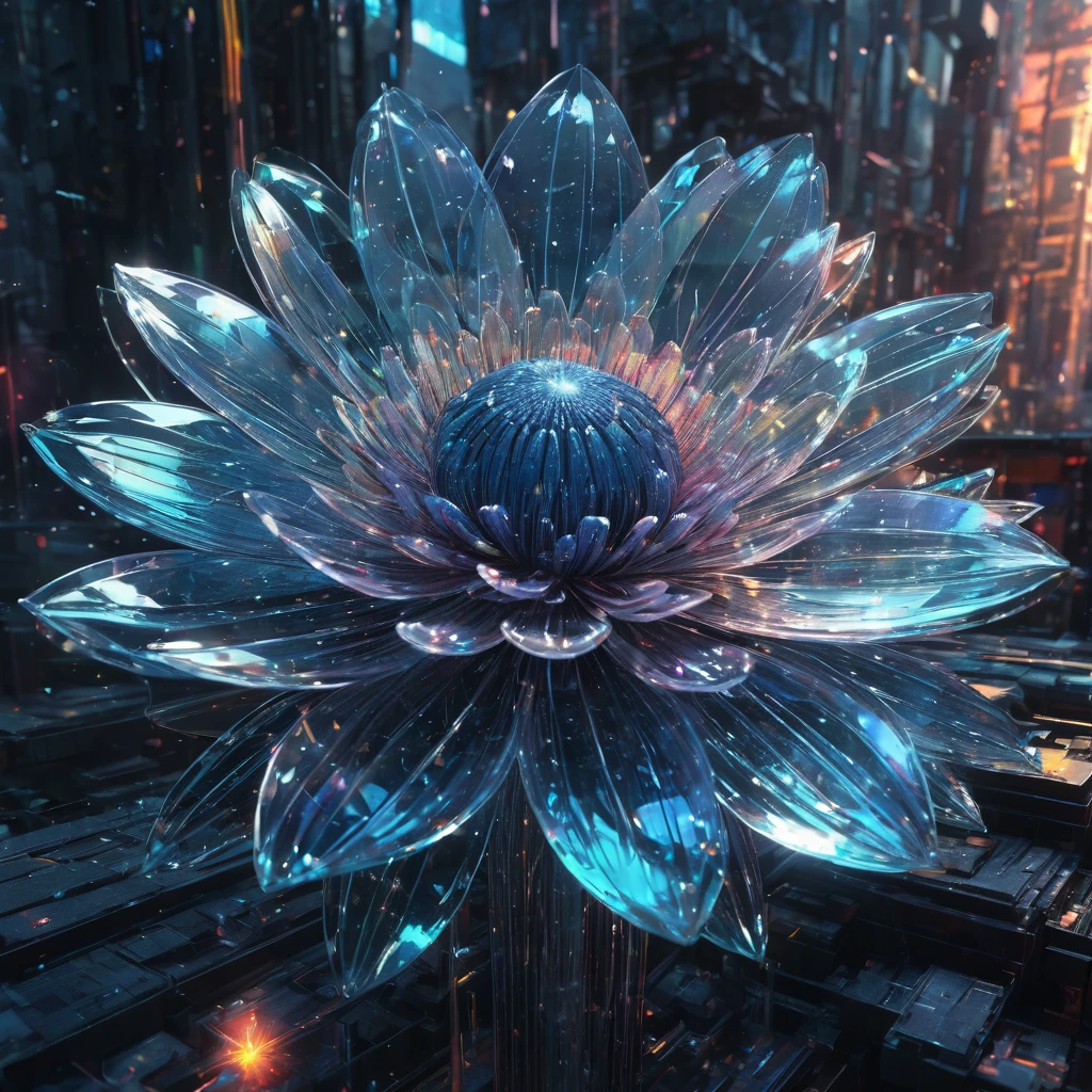  fibonacci glasslike transparent flower, surrounded by luminous crystal sparkles, hyperdetailed and highly intricate digital illustration by ismail inceoglu, james jean, anton fadeev and yoshitaka amano, trending on artstation, vibrant colours, volumetric lighting, depth of field, unreal engine 5, backlit, 8k resolution 