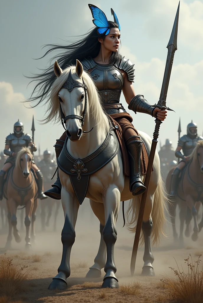 a female centaur with sword, armor and shield in the battlefield