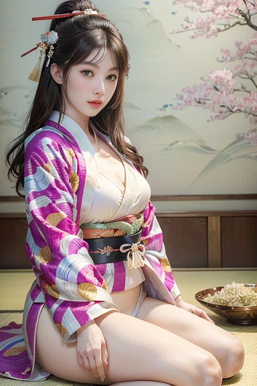 (masseter membrane、top quality、Ukiyo-e style、mystery、Exquisite and beautiful、official art、Sharaku:1.2)、(1 girl in:1.3)、(Fractal art:1.3)、cowboy shooting、White skin、(beautiful brunette、kimono:1.2)、Set against the backdrop of traditional Japanese performing arts、rich and colorful、(reel、Belongs to Japanese style:1.2)、glowing skin、spread your legs,Camel toe showing thigh!!!、