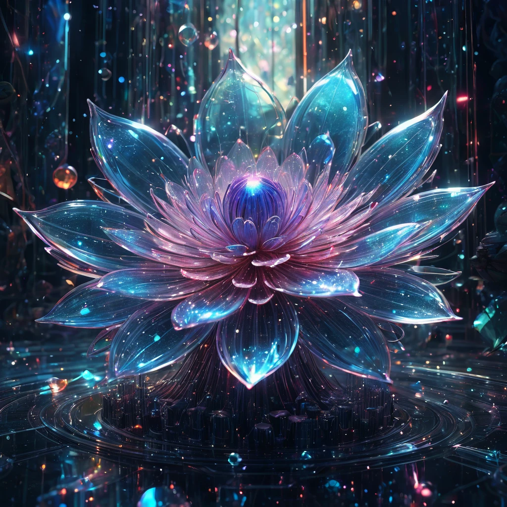  fibonacci glasslike transparent flower, surrounded by luminous crystal sparkles, hyperdetailed and highly intricate digital illustration by ismail inceoglu, james jean, anton fadeev and yoshitaka amano, trending on artstation, vibrant colours, volumetric lighting, depth of field, unreal engine 5, backlit, 8k resolution 