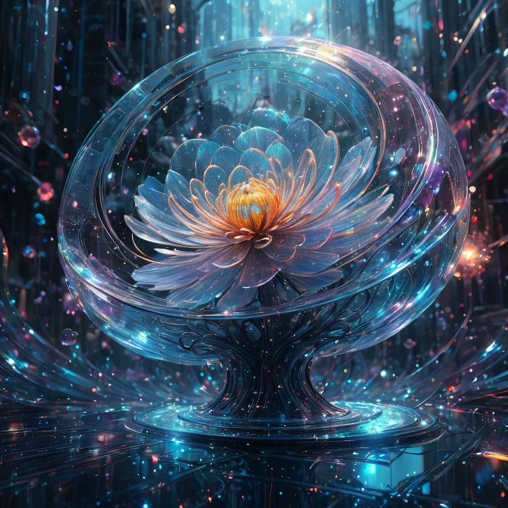  fibonacci glasslike transparent flower, surrounded by luminous crystal sparkles, hyperdetailed and highly intricate digital illustration by ismail inceoglu, james jean, anton fadeev and yoshitaka amano, trending on artstation, vibrant colours, volumetric lighting, depth of field, unreal engine 5, backlit, 8k resolution 