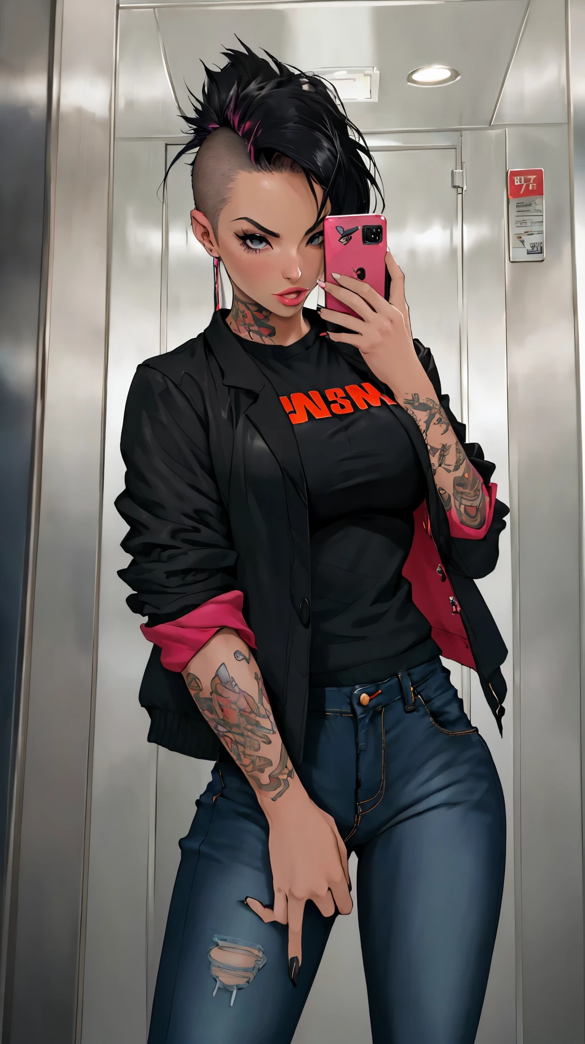 film photo ChristyMackQuiron woman, mohawk hair, black hair, realista, a woman Shot putwearing a suit jacket and jeans, suit jacket, black jacket, t shirt, tight jeans, de buen tono, 35mm photography, movie, bokeh, profesional, 4k, muy detallado, (((mirror selfie, holding phone, inside elevator, hotel elevator)))