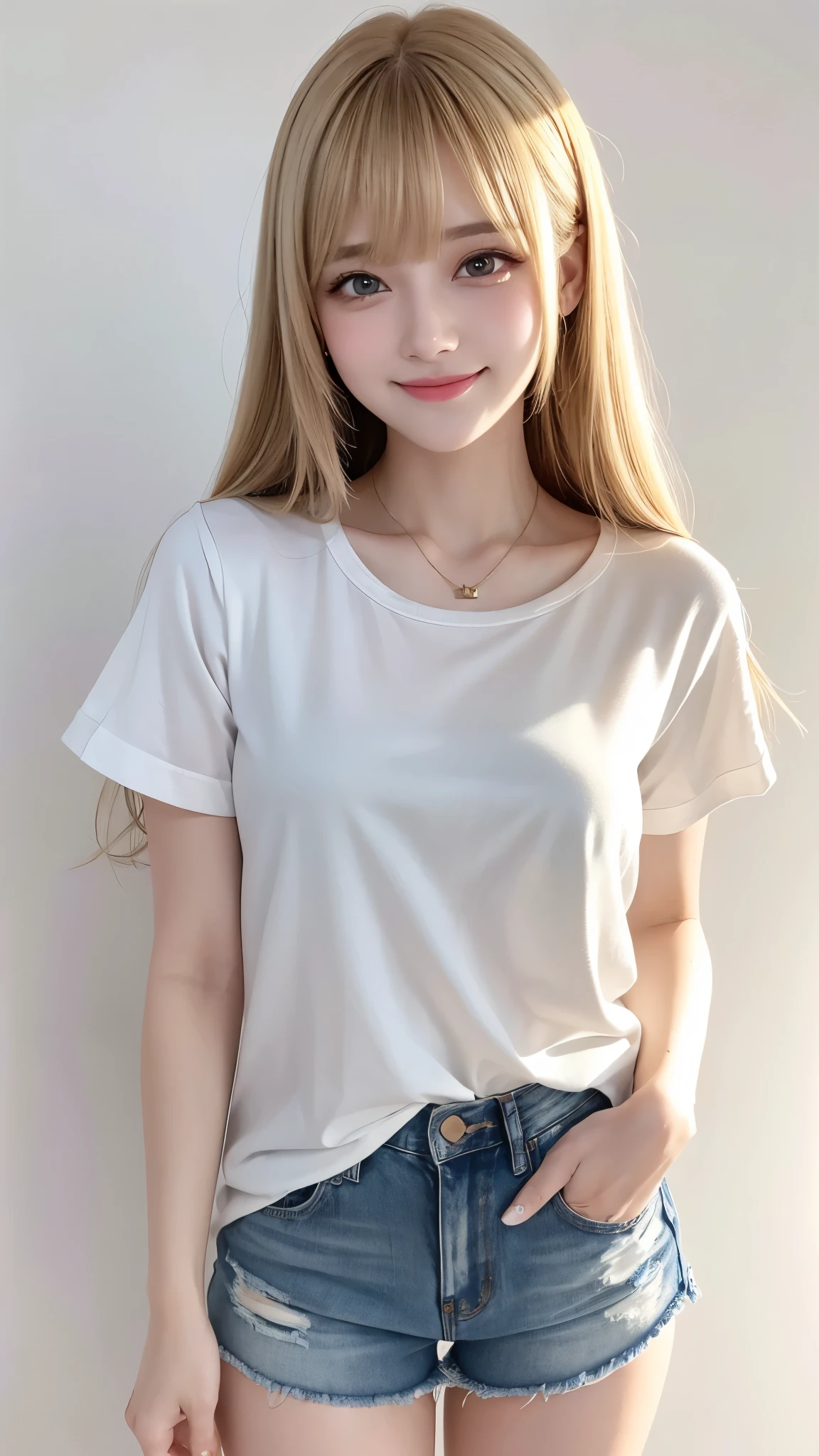 Pure girl,White T-shirt,ssmile,Sea of sunflower flowers,with blue sky and white clouds,higher details,Ambiance Lighting,Cinematic level,full-body portraits,Light colors