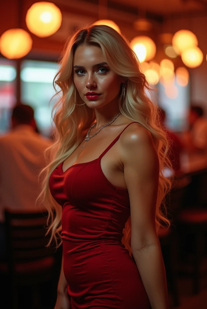 ((photorealism, Best quality, detailing, masterpiece, high quality)), realistic, detailed, 1 girl,((European appearance)), beautiful facial features, whole body, one, long hair,(blonde), pearl skin, skin texture, ,focus on the face,(I look to the side:1.2),rain,on open air,street,Tyndall effect,cinematic lighting,night,lamp post,Boke,Available light,rim light,glowing neon lights,Red long bright silk dress,complex background, city,