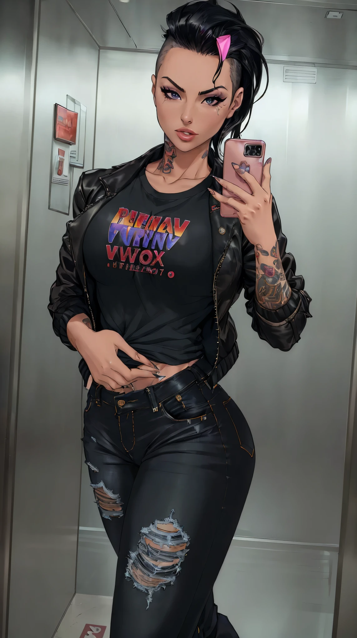 film photo ChristyMackQuiron woman, mohawk hair, black hair, realista, a woman Shot putwearing a suit jacket and jeans, suit jacket, black jacket, t shirt, tight jeans, de buen tono, 35mm photography, movie, bokeh, profesional, 4k, muy detallado, (((mirror selfie, holding phone, inside elevator, hotel elevator)))