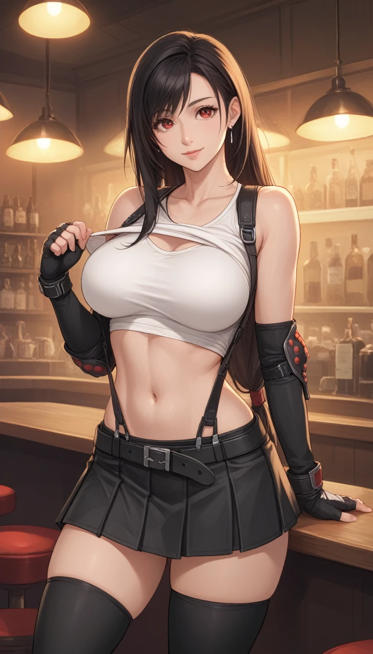 Izayoi Seishin artstyle, (score_9, score_8_up, score_7_up), (best quality, masterpiece),perfect anatomy,(aesthetic,very aesthetic),official style, (ultra-high resolution), 1girl, tifa lockhart, final fantasy,(beautiful woman).tareme, black hair, low-tied long hair, red eyes, bangs, white tank top,gap, belt, pleated skirt, thighhighs, elbow fingerless gloves, elbow pads, midriff, navel,suspender skirt.zettai ryouiki ,(front view),straight-on,(large_breasts:1.2),Solo,mediumshot,looking_at_viewer,contrapposto, vibrant, joyful,cafe and bar, ,Framin,(,tanktop lift),