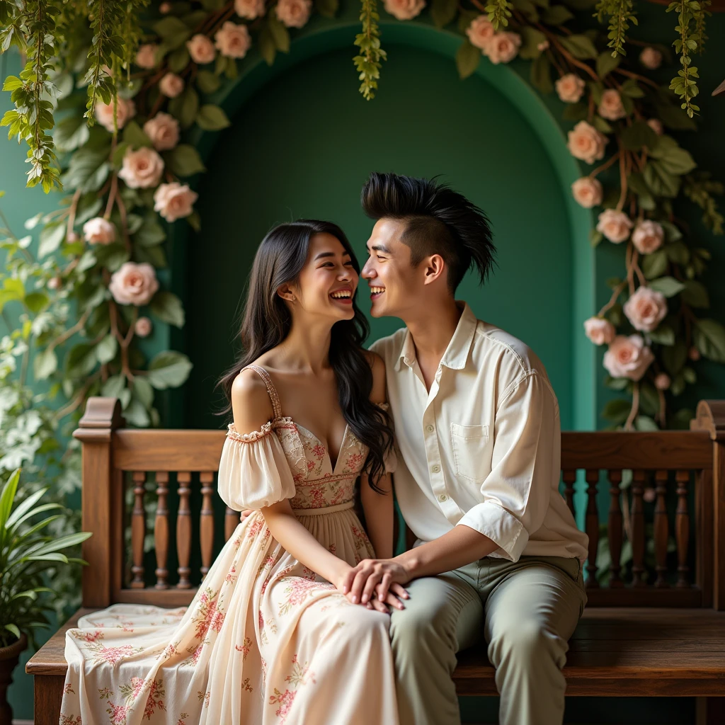 a young woman, wear long dress skirt clothes motifs, with a young man black mohawk hairstylish, both of them sit down in bench wood, leafy flower form love decoration wall, natural, sweetly smile, funny moment, real hyper realistic, real human indonesia, UHD 8K, detailed photo, perfect face, detailed place, landscape, full body, photo was taken from a facial forward in giant hall room manor build