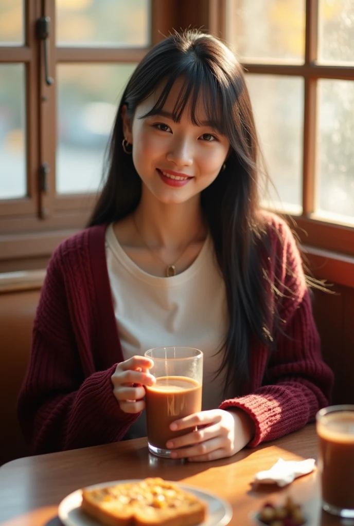 Bright cafe,Drink a drink,face down,smile,Girl in her 20s,semi-long,Brown Hair,hoodie,jeans,cute