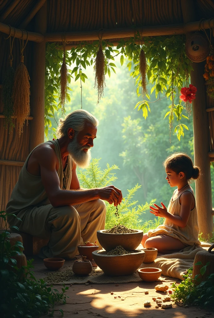 Indigenous child, Beautiful landscape, thinking in numbers, with an indigenous elder, telling stories