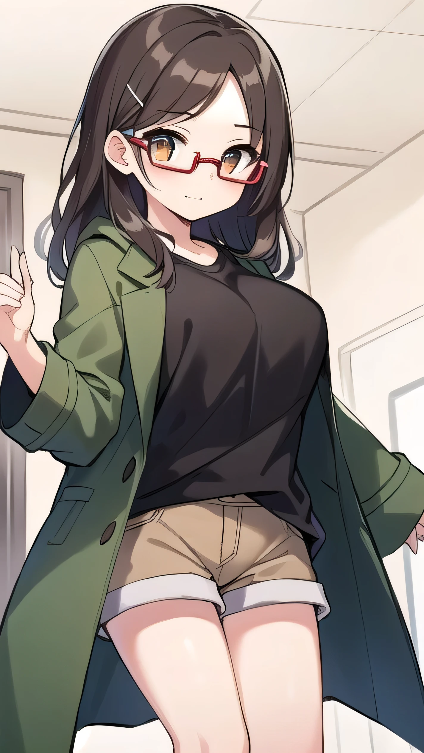 Brown haired anime girl, short hair, glasses, brown hoodie, black shorts, skinny, sweat, steam, blushing, looking at viewer, nervous, bedroom, testicle bulge between thighs, oversized crotch bulge, arms behind back, frontal view, small breasts