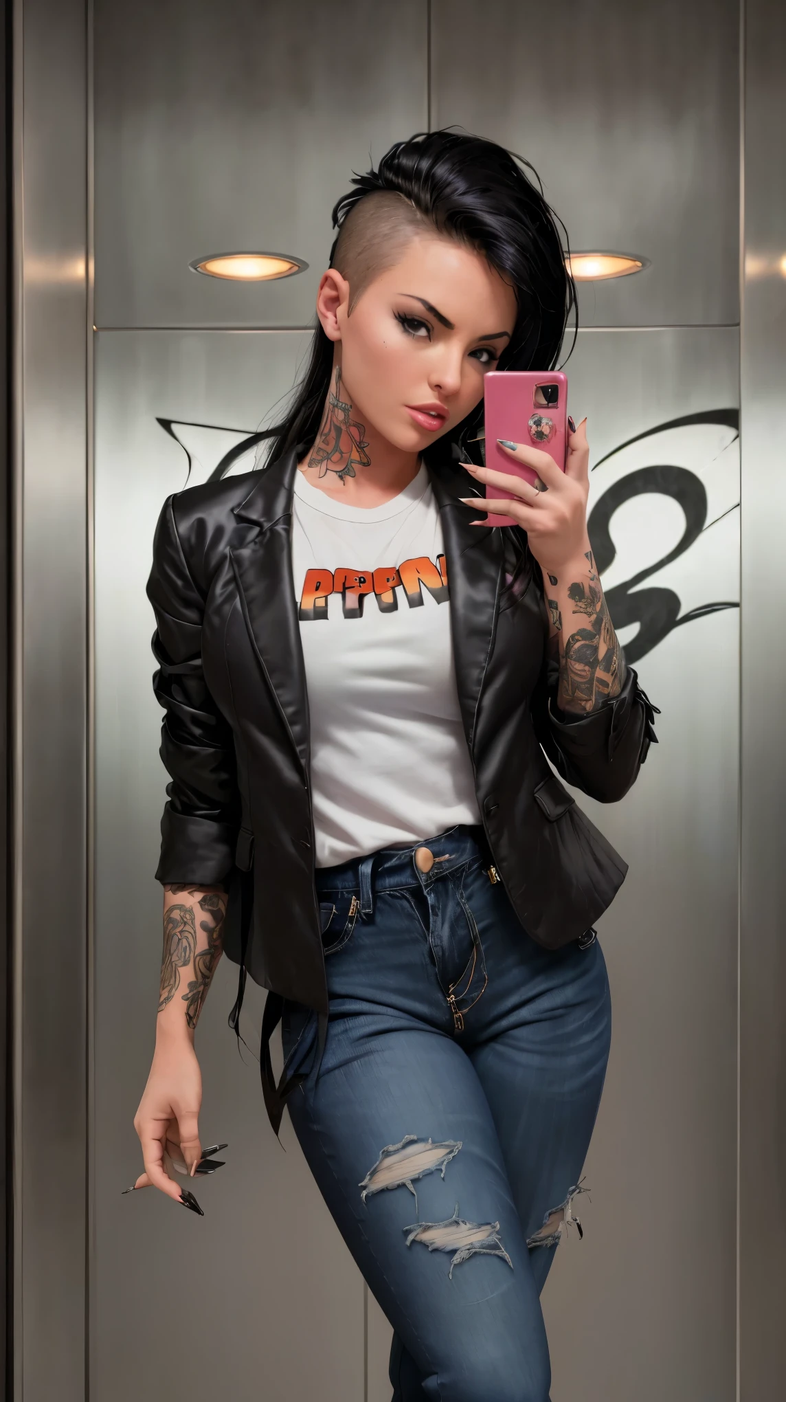 film photo ChristyMackQuiron woman, mohawk hair, black hair, realista, a woman Shot putwearing a suit jacket and jeans, suit jacket, black jacket, t shirt, tight jeans, de buen tono, 35mm photography, movie, bokeh, profesional, 4k, muy detallado, (((mirror selfie, holding phone, inside elevator, hotel elevator)))