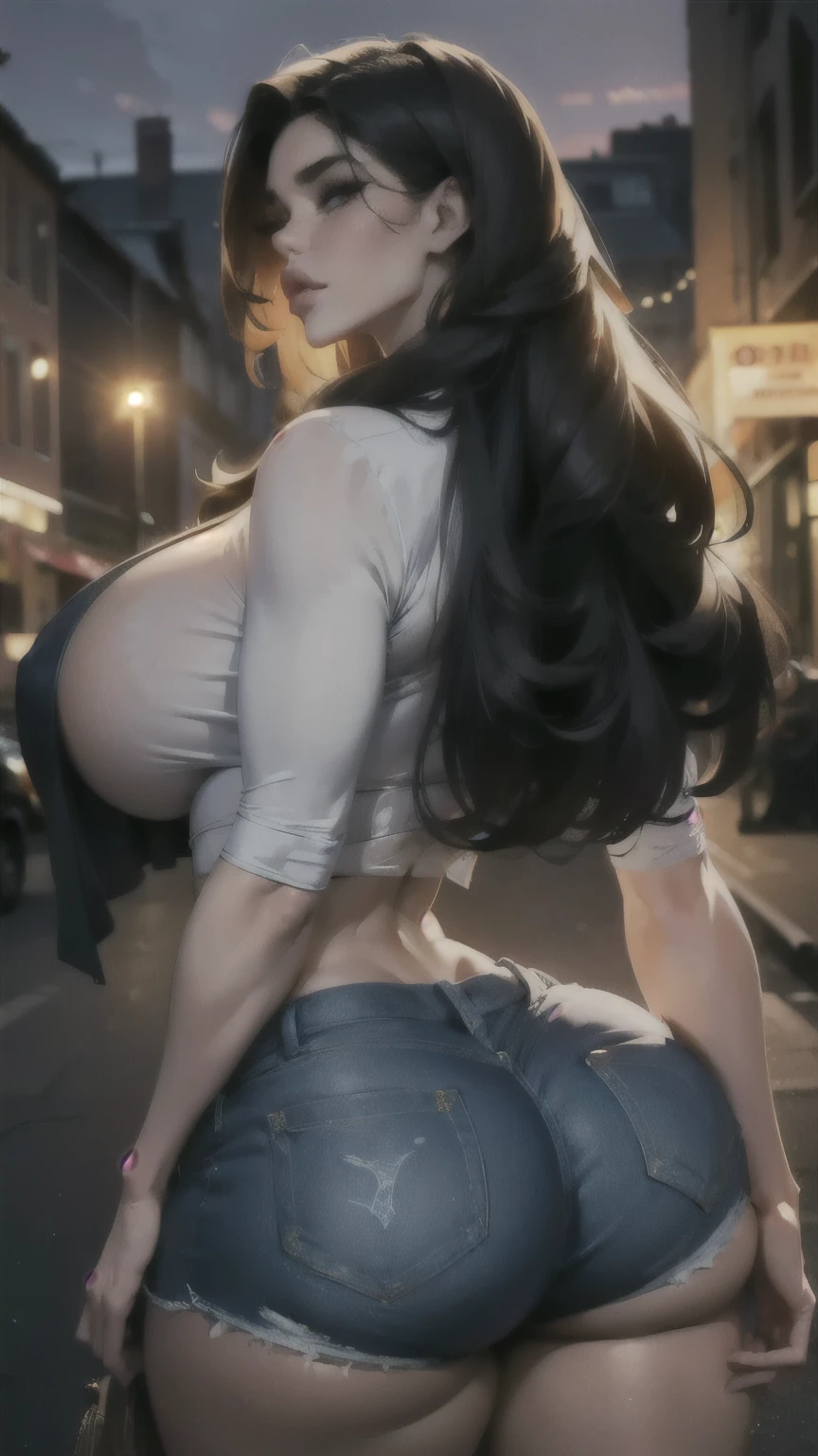 back view of a beautiful woman walking through the city in short shorts, she has a huge, massive, sexy bundle, detailed realistic portrait, beautiful detailed eyes, beautiful detailed lips, extremely detailed eyes and face, long eyelashes, photorealistic, 8k, High quality, cinematic lighting, warm colors, Detailed context, urban landscape