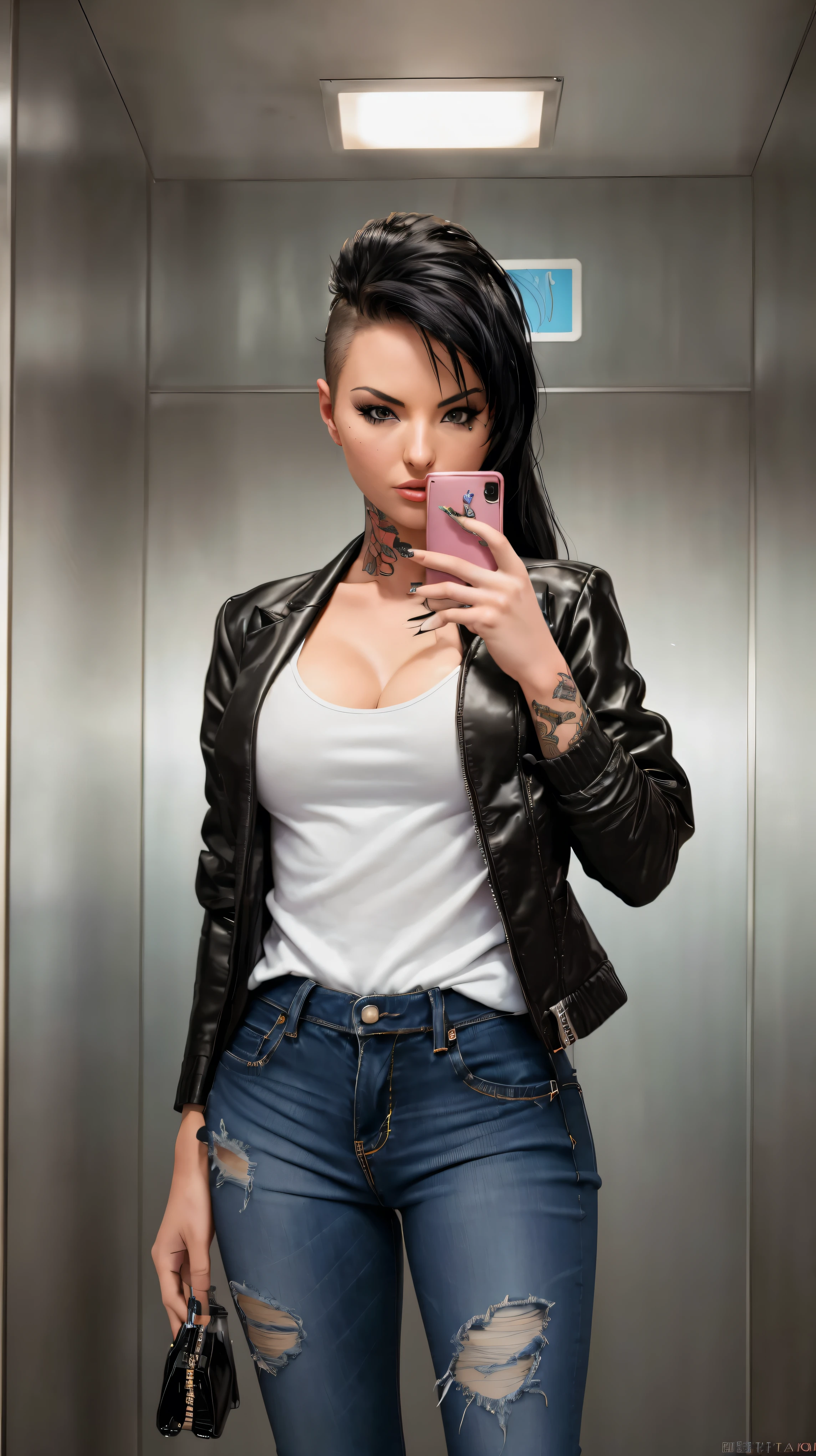 film photo ChristyMackQuiron woman, mohawk hair, black hair, realista, a woman Shot putwearing a suit jacket and jeans, suit jacket, black jacket, t shirt, tight jeans, de buen tono, 35mm photography, movie, bokeh, profesional, 4k, muy detallado, (((mirror selfie, holding phone, inside elevator, hotel elevator)))