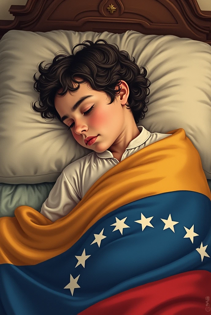 An easy and simple drawing in horizontal format of a child dreaming and in his dream a street appears lined with red, yellow and green flags., that is, flags of Bolivia