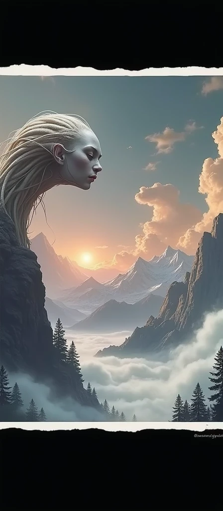 Une femme gigantesque qui fume une cigarette derrière une montagne