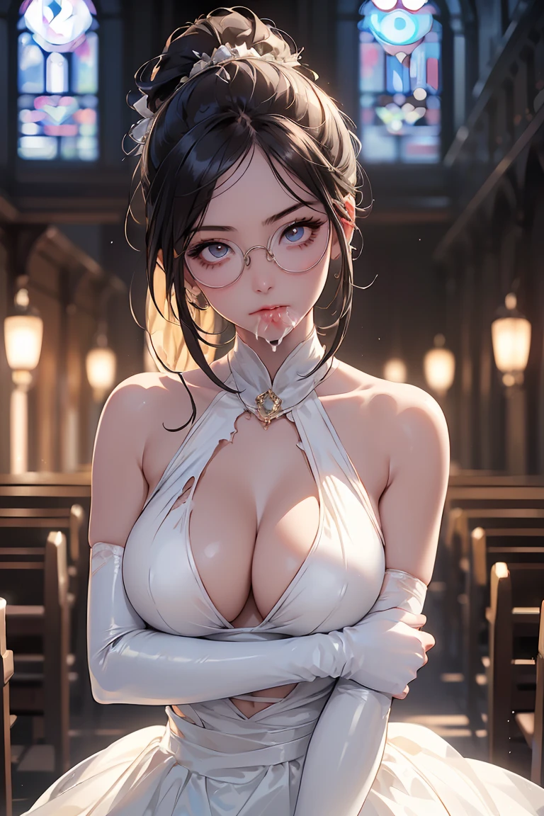 [Highly detailed skin、Highly detailed face、非常にDetailed eyes]、(masterpiece)、(最high quality)、One girl、Cleavage、Shiny skin、Muscular、(White latex elbow gloves)、Sunburned skin、NSFW、Panoramic viewing angle、Realistic pussy、Realistic breasts、masterpiece、High resolutionです。、Photo woman、Detailed digital illustration、Wavy long hair、Folded ponytail、Detailed eyes、Shiny Hair、((Round Glasses、Ripped halter neck long slit dress:1.6))、Very beautiful woman、Black eyeshadow、The eyes are double、Normal chest、Bust A cup、High resolution、high quality、Detailed Background、((A very crowded chapel:1.4))、((Two arms、Four fingers、One thumb))、((Two Legs、Four fingers、One thumb))、Very beautiful woman、masterpiece、(Kind smile:1.3),(((Beautiful girl sucking a gentleman&#39;s penis:1.6))),(((Cum in mouth:1.6))),