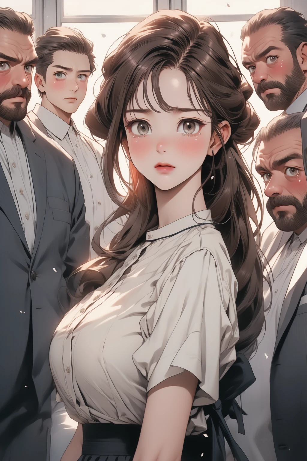 (masterpiece), (Best Quality), (highly detailed), (8k resolution), (Best Quality),Huge_chest,hair_,brown_hair,brown_eye,detailed_lips shy,_face,,Office Lady,(White button-up shirt),skirt,(Viewer discretion advised:1.3)、train、Clothes are see-through、(woman,Fat middle-aged man:1.2)、(Middle-aged man behind:1.3)、(Surrounded by middle-aged men:1.6)、(tears)、Dark atmosphere、Anime Style、unreal engine